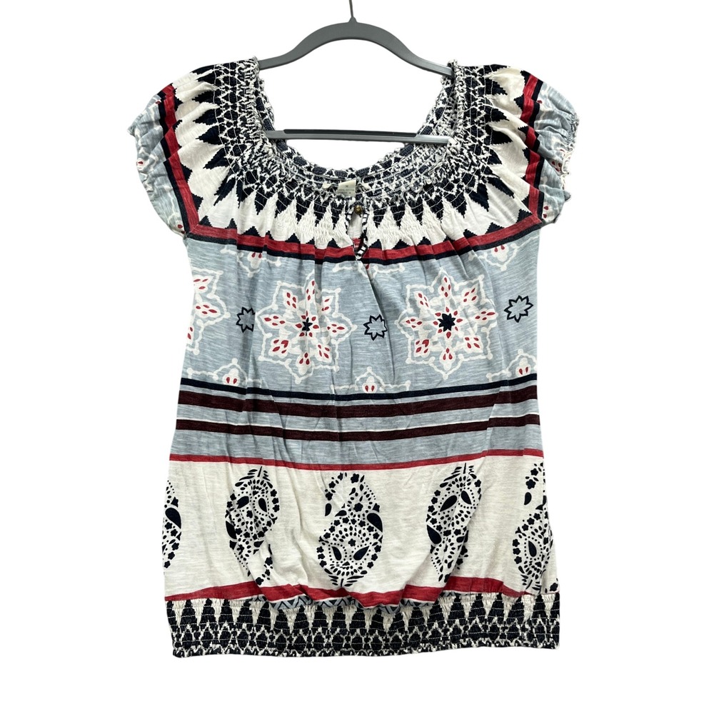 Lucky Brand Blouse Womens M Blue White Smocked Cotton Boho Peasant Top